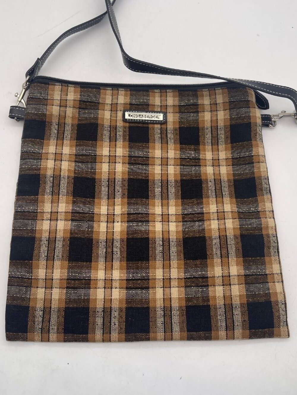 Vintage Longaberger Bag Tan Black Plaid Faux Leather Trim Crossbody Bag 11x10”